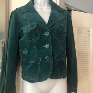 Turquoise corduroy blazer with tan trim